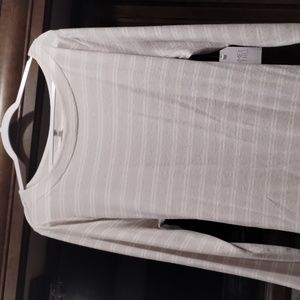 Grey and white striped long sleeve sweater dress.